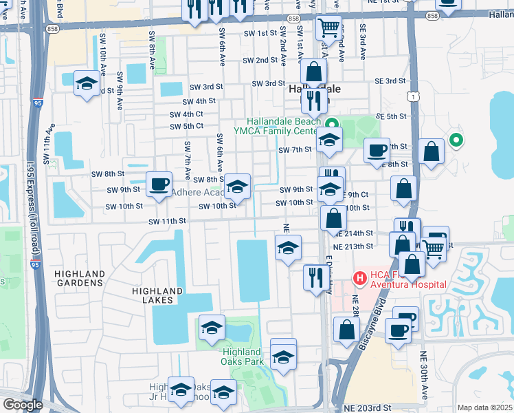 map of restaurants, bars, coffee shops, grocery stores, and more near 905 Southwest 4th Terrace in Hallandale Beach