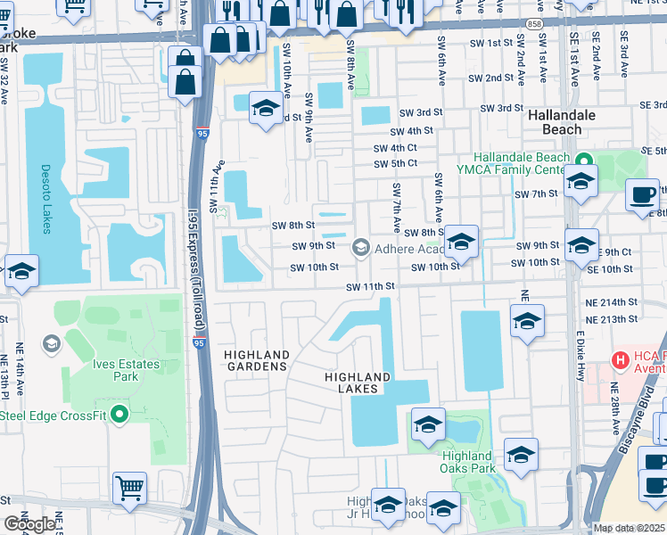 map of restaurants, bars, coffee shops, grocery stores, and more near 853 Southwest 9th Street in Hallandale Beach