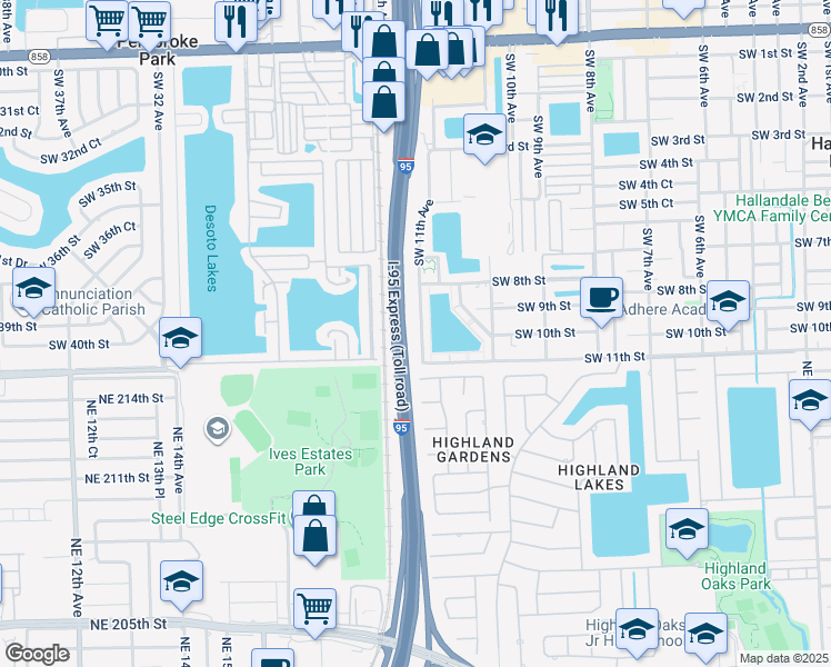 map of restaurants, bars, coffee shops, grocery stores, and more near 900 Southwest 11th Avenue in Hallandale Beach