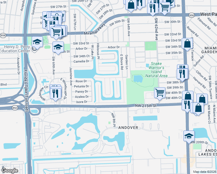 map of restaurants, bars, coffee shops, grocery stores, and more near 3808 East Lake Road in Miramar