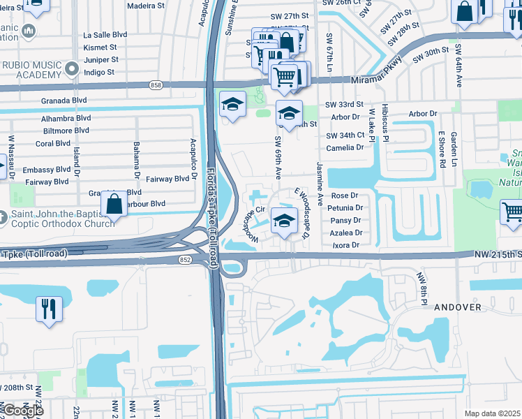 map of restaurants, bars, coffee shops, grocery stores, and more near 3647 Southwest 70th Avenue in Miramar