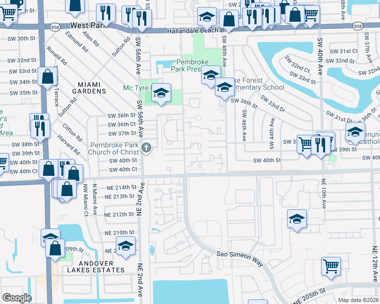 map of restaurants, bars, coffee shops, grocery stores, and more near 3911 Southwest 52nd Avenue in Pembroke Park