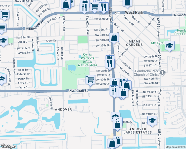 map of restaurants, bars, coffee shops, grocery stores, and more near 6133 Southwest 38th Street in Miramar