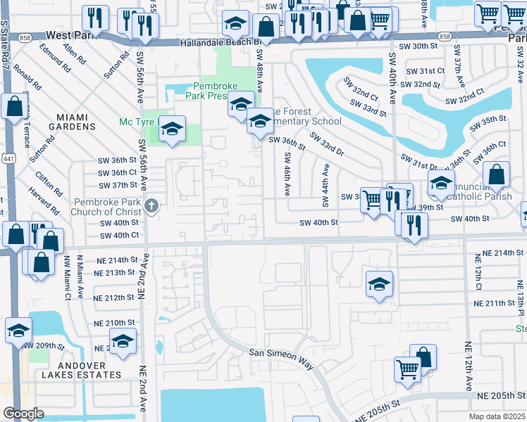 map of restaurants, bars, coffee shops, grocery stores, and more near 3898 Southwest 48th Avenue in Pembroke Park