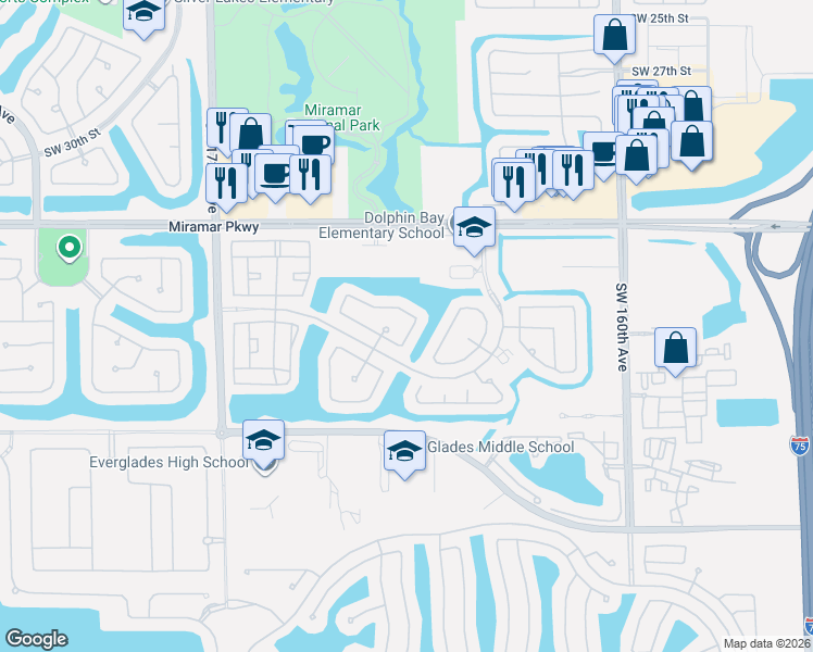 map of restaurants, bars, coffee shops, grocery stores, and more near 16640 Southwest 36th Street in Miramar