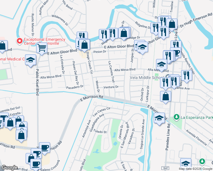 map of restaurants, bars, coffee shops, grocery stores, and more near 1464 Capistrano Drive in Brownsville