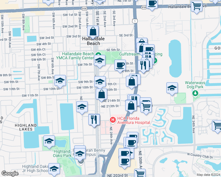 map of restaurants, bars, coffee shops, grocery stores, and more near 116 Southeast 9th Court in Hallandale Beach