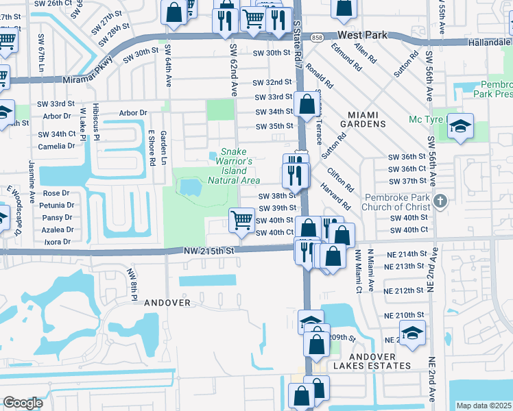 map of restaurants, bars, coffee shops, grocery stores, and more near 6133 Southwest 38th Street in Miramar
