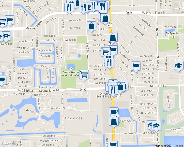 map of restaurants, bars, coffee shops, grocery stores, and more near 6133 Southwest 38th Street in Miramar