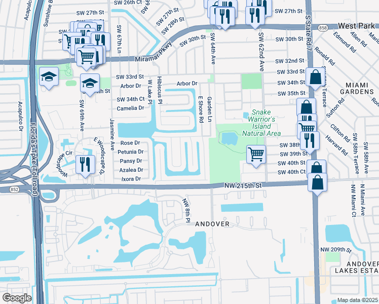 map of restaurants, bars, coffee shops, grocery stores, and more near 3808 East Lake Road in Miramar
