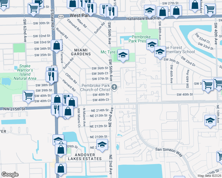map of restaurants, bars, coffee shops, grocery stores, and more near 5501 Southwest 38th Court in West Park