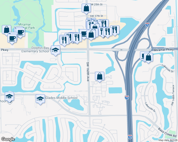map of restaurants, bars, coffee shops, grocery stores, and more near 3731 Southwest 160th Avenue in Miramar