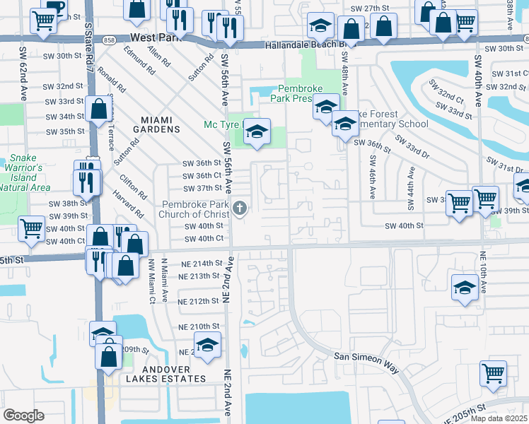 map of restaurants, bars, coffee shops, grocery stores, and more near 3828 Southwest 52nd Avenue in Hollywood