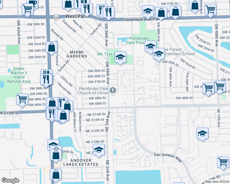 map of restaurants, bars, coffee shops, grocery stores, and more near 5501 Southwest 38th Court in West Park