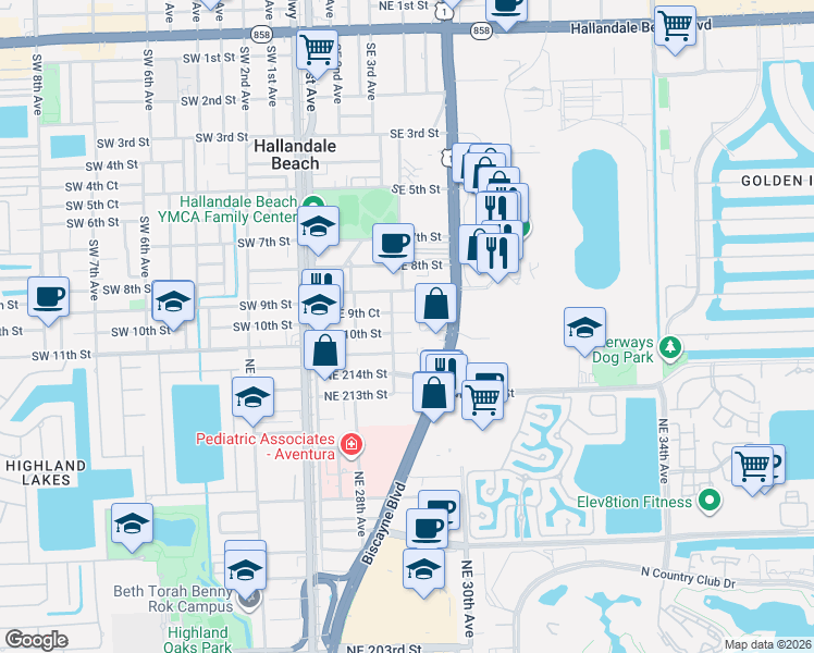map of restaurants, bars, coffee shops, grocery stores, and more near 1000 Federal Highway in Hallandale Beach