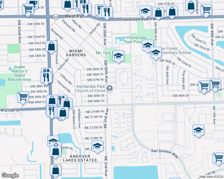 map of restaurants, bars, coffee shops, grocery stores, and more near 5501 Southwest 38th Court in West Park