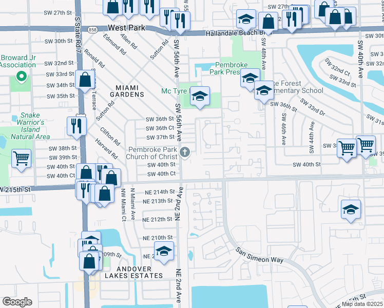 map of restaurants, bars, coffee shops, grocery stores, and more near 5440 Southwest 38th Court in West Park