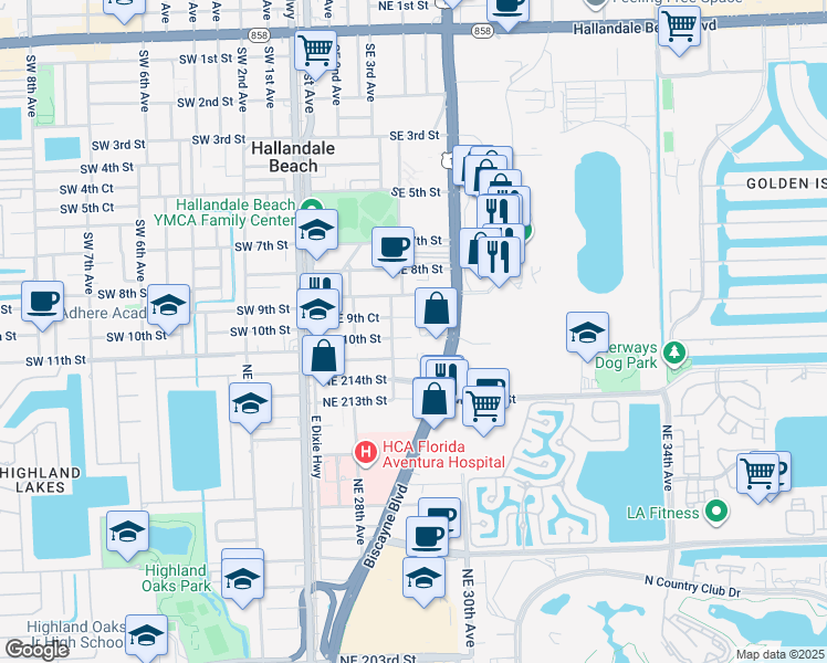 map of restaurants, bars, coffee shops, grocery stores, and more near 1000 Federal Highway in Hallandale Beach