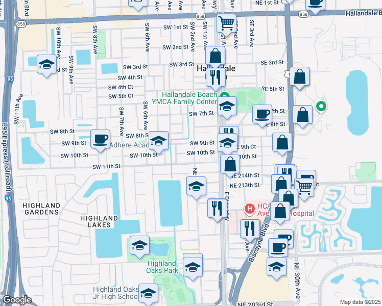 map of restaurants, bars, coffee shops, grocery stores, and more near 215 Southwest 9th Street in Hallandale Beach