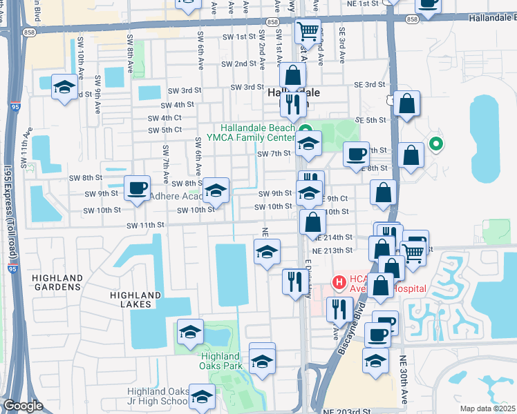 map of restaurants, bars, coffee shops, grocery stores, and more near 215 Southwest 9th Street in Hallandale Beach