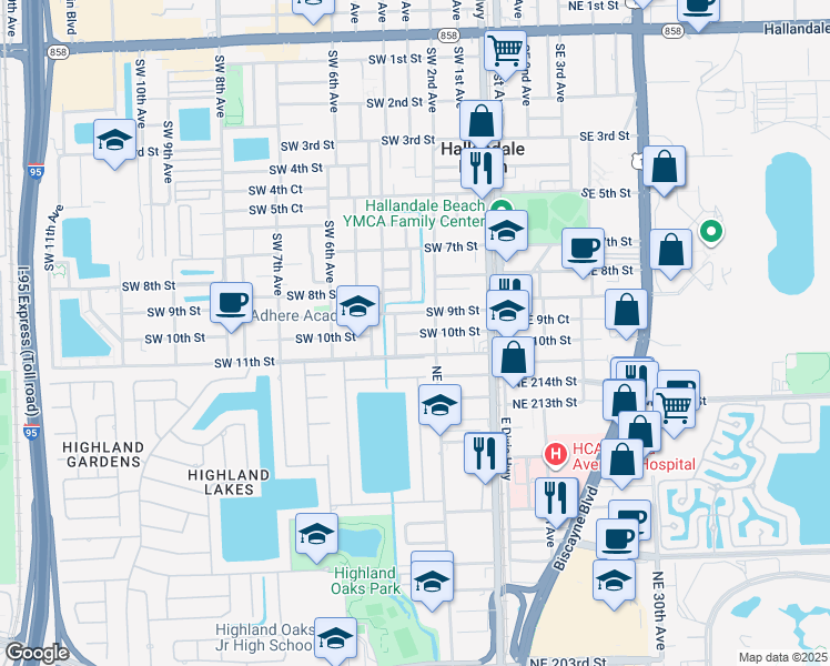 map of restaurants, bars, coffee shops, grocery stores, and more near 215 Southwest 9th Street in Hallandale Beach
