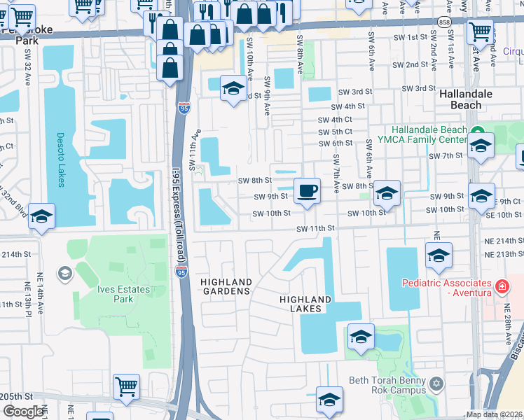map of restaurants, bars, coffee shops, grocery stores, and more near 927 Southwest 9th Street in Hallandale Beach