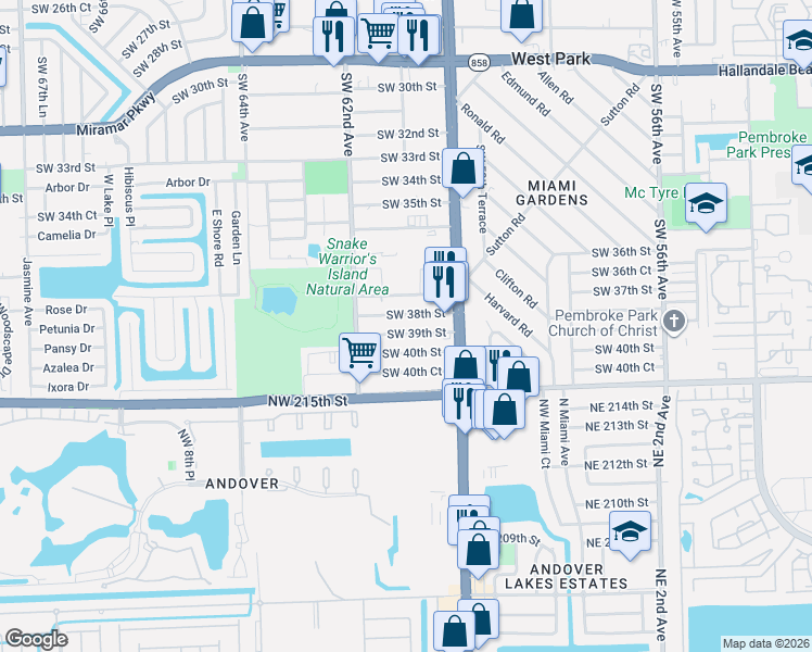 map of restaurants, bars, coffee shops, grocery stores, and more near 6047 Southwest 38th Street in Miramar