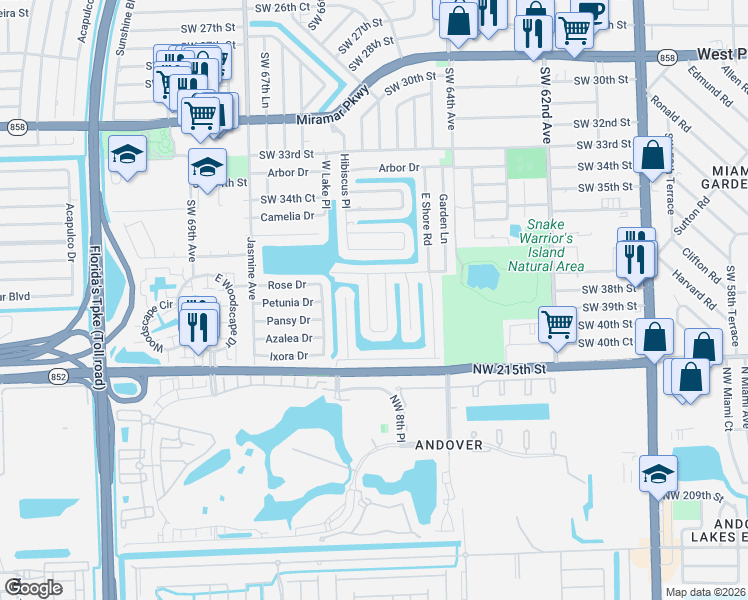 map of restaurants, bars, coffee shops, grocery stores, and more near 3808 East Lake Terrace in Miramar