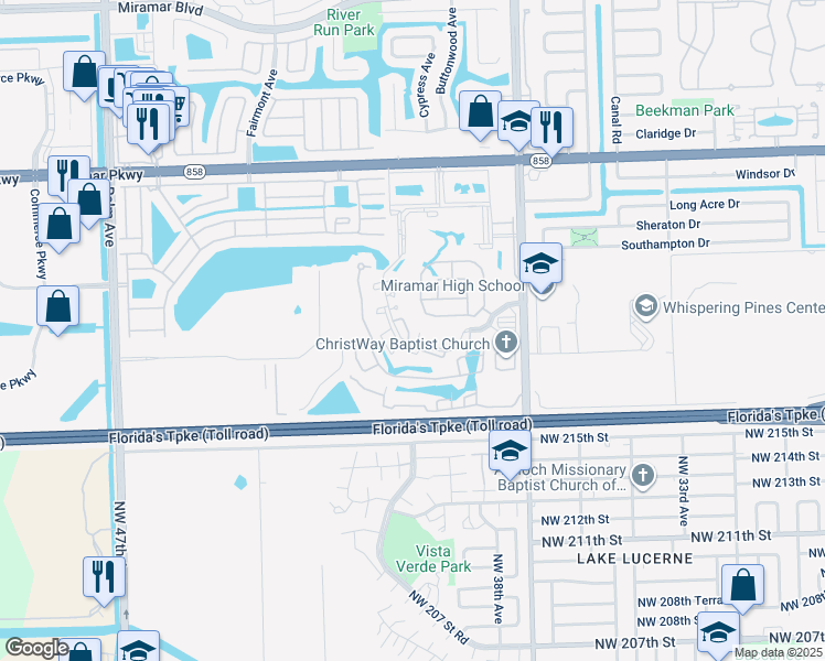map of restaurants, bars, coffee shops, grocery stores, and more near 9198 36th Manor in Miramar