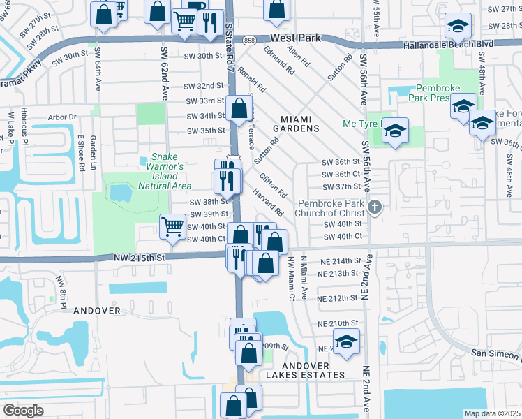 map of restaurants, bars, coffee shops, grocery stores, and more near 3907 Southwest 59th Avenue in West Park