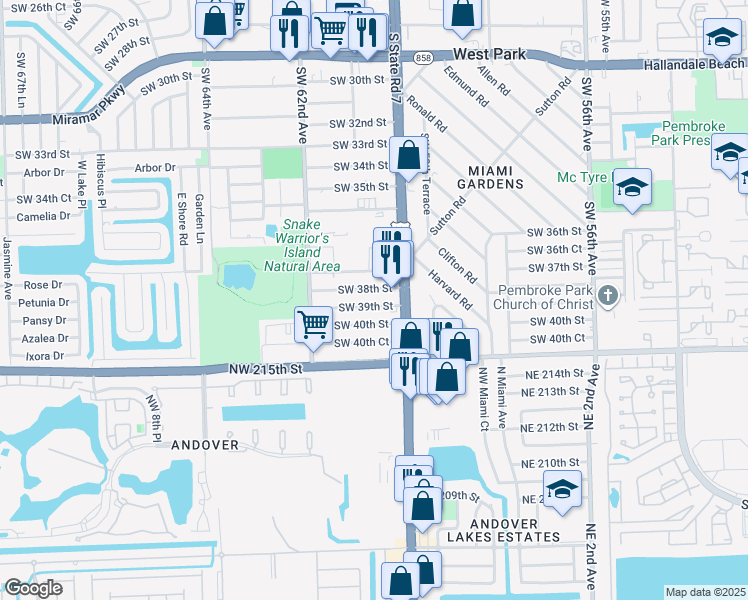 map of restaurants, bars, coffee shops, grocery stores, and more near 6047 Southwest 38th Street in Miramar