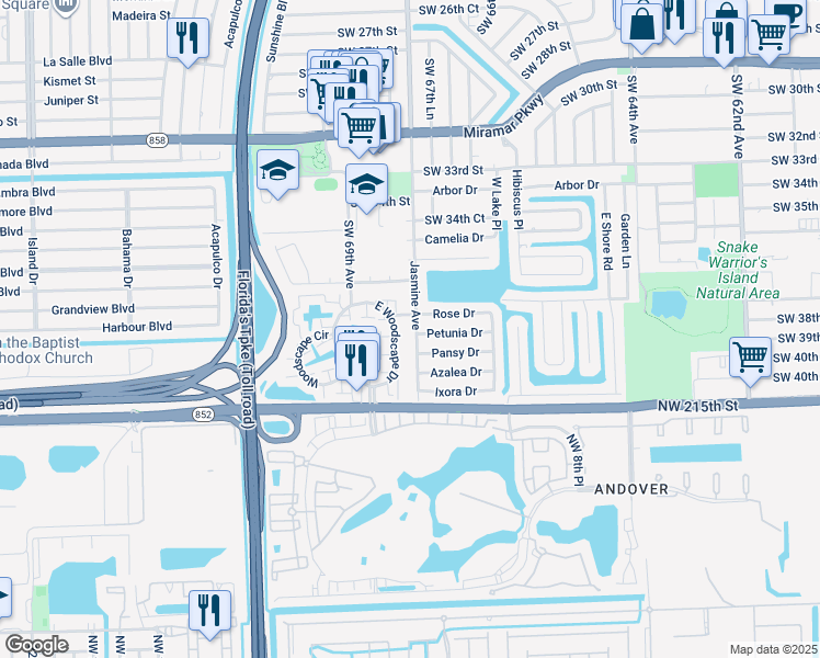 map of restaurants, bars, coffee shops, grocery stores, and more near 6772 Rose Drive in Miramar