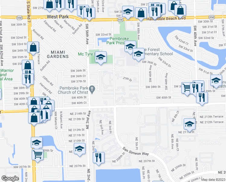 map of restaurants, bars, coffee shops, grocery stores, and more near 3870 Southwest 52nd Avenue in Pembroke Park