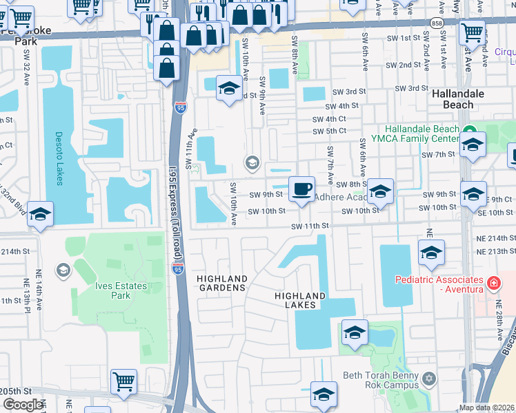 map of restaurants, bars, coffee shops, grocery stores, and more near 927 Southwest 9th Street in Hallandale Beach