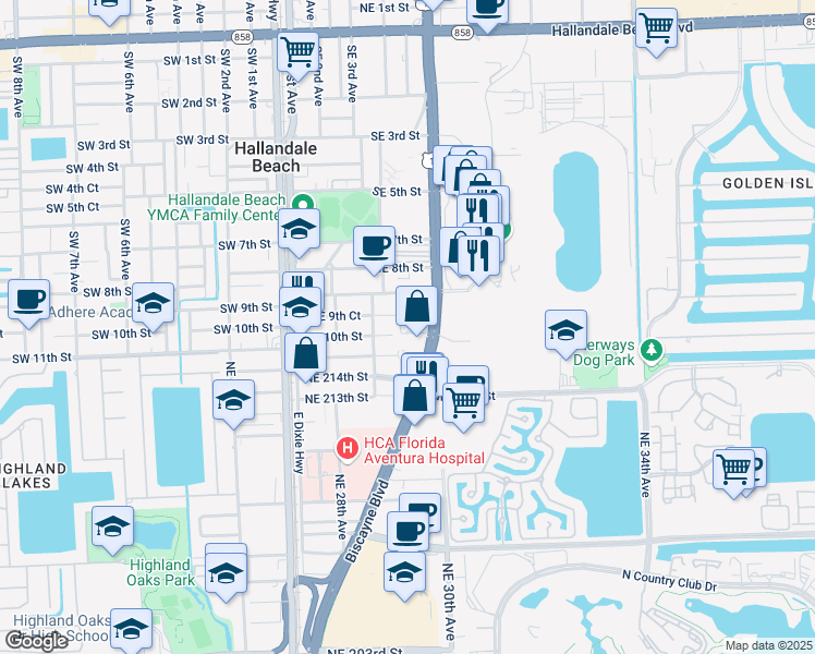 map of restaurants, bars, coffee shops, grocery stores, and more near 1000 Federal Highway in Hallandale Beach