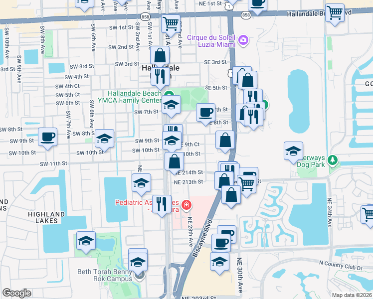 map of restaurants, bars, coffee shops, grocery stores, and more near 116 Southeast 9th Court in Hallandale Beach