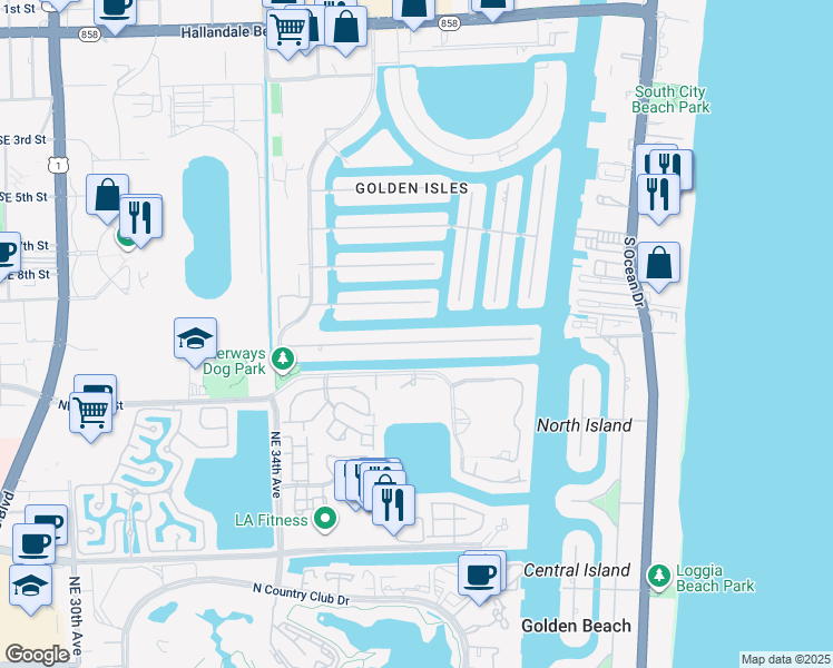 map of restaurants, bars, coffee shops, grocery stores, and more near 412 Holiday Drive in Hallandale Beach
