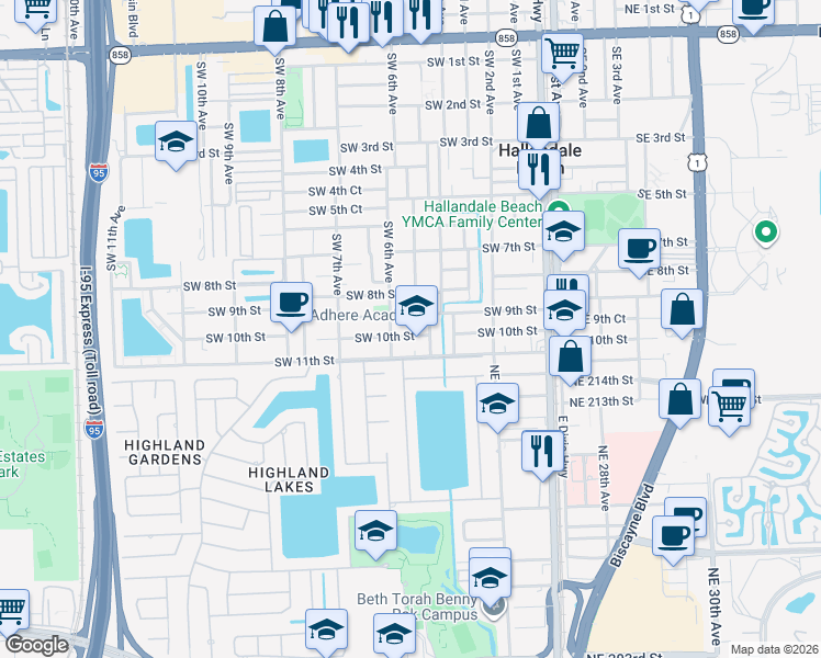 map of restaurants, bars, coffee shops, grocery stores, and more near 521 Southwest 9th Street in Hallandale Beach