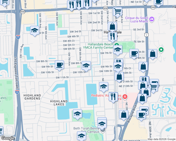 map of restaurants, bars, coffee shops, grocery stores, and more near 905 Southwest 4th Terrace in Hallandale Beach