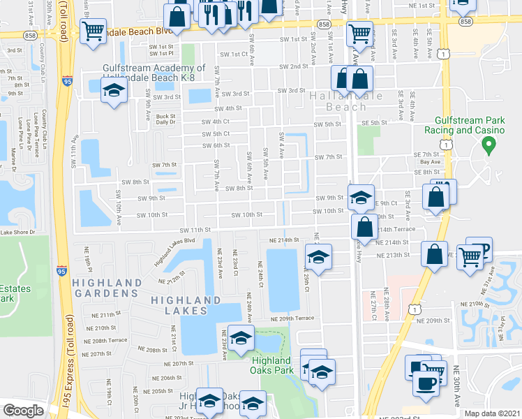 map of restaurants, bars, coffee shops, grocery stores, and more near 521 Southwest 9th Street in Hallandale Beach