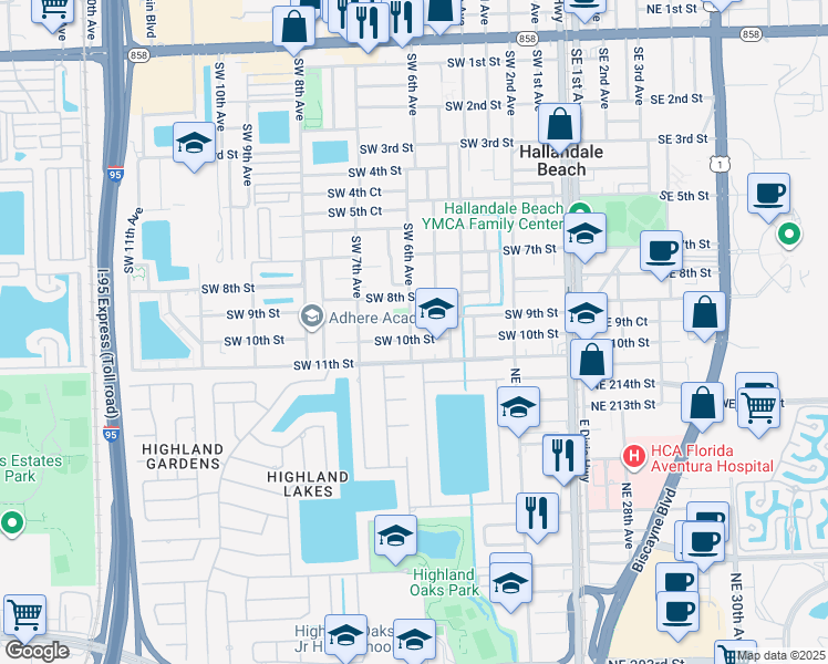 map of restaurants, bars, coffee shops, grocery stores, and more near 521 Southwest 9th Street in Hallandale Beach