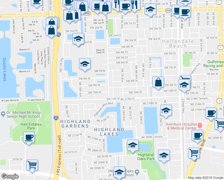 map of restaurants, bars, coffee shops, grocery stores, and more near 906 Southwest 8th Avenue in Hallandale Beach