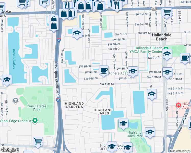 map of restaurants, bars, coffee shops, grocery stores, and more near 853 Southwest 9th Street in Hallandale Beach