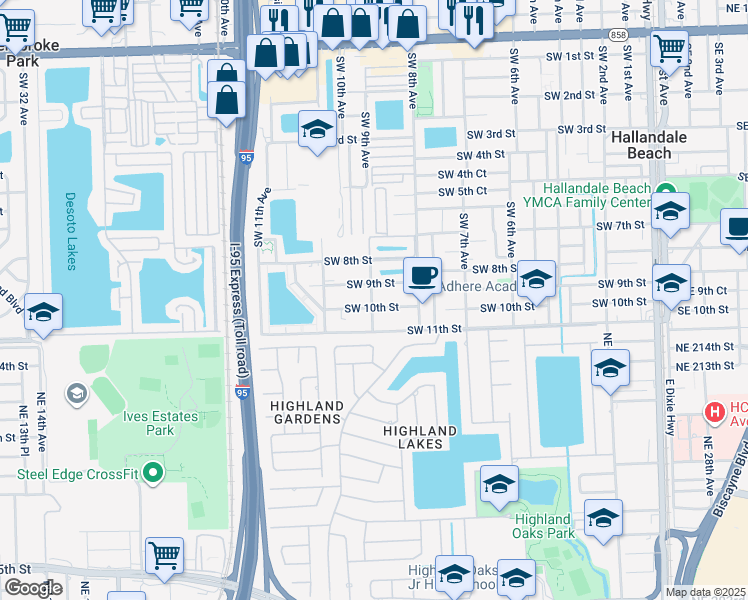map of restaurants, bars, coffee shops, grocery stores, and more near 853 Southwest 9th Street in Hallandale Beach