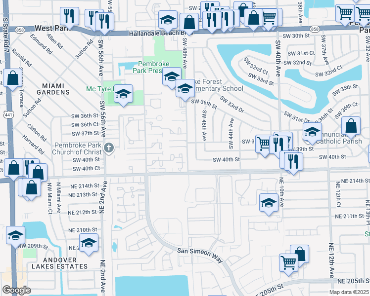 map of restaurants, bars, coffee shops, grocery stores, and more near 3898 Southwest 48th Avenue in Pembroke Park