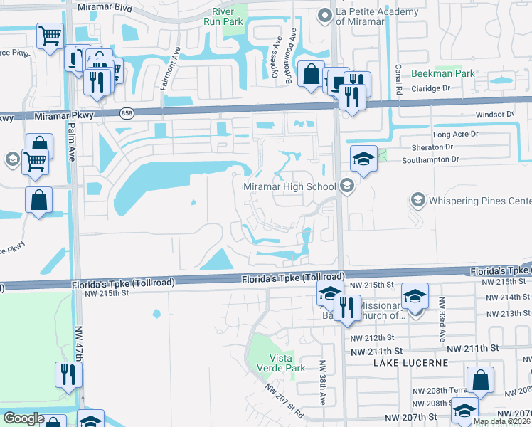 map of restaurants, bars, coffee shops, grocery stores, and more near 9198 36th Manor in Miramar
