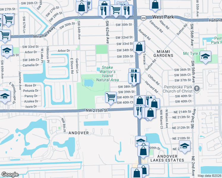 map of restaurants, bars, coffee shops, grocery stores, and more near 6154 Southwest 38th Street in Miramar