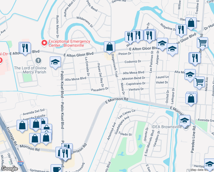 map of restaurants, bars, coffee shops, grocery stores, and more near 4833 Camino Verde Drive in Brownsville