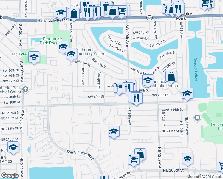 map of restaurants, bars, coffee shops, grocery stores, and more near 4241 Southwest 39th Street in West Park
