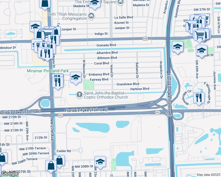map of restaurants, bars, coffee shops, grocery stores, and more near 3705 Island Drive in Miramar